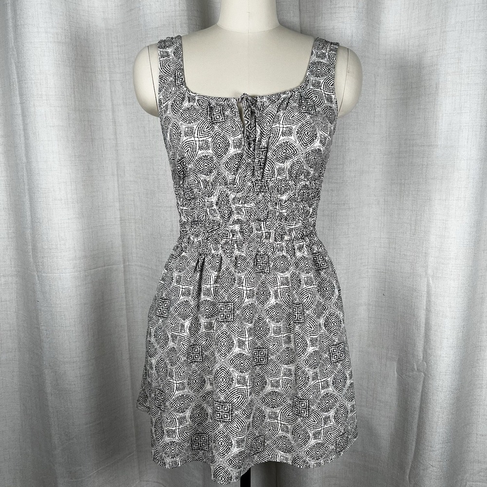 Marine Layer Nicole Mini Dress Black  White Geo Pattern Smocked Waist Size‎ XS